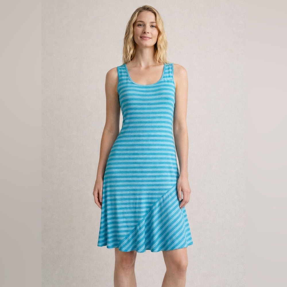 Calvin Klein Womens Size 8 Blue Striped Sleeveless Fit & Flare Dress Knee Length